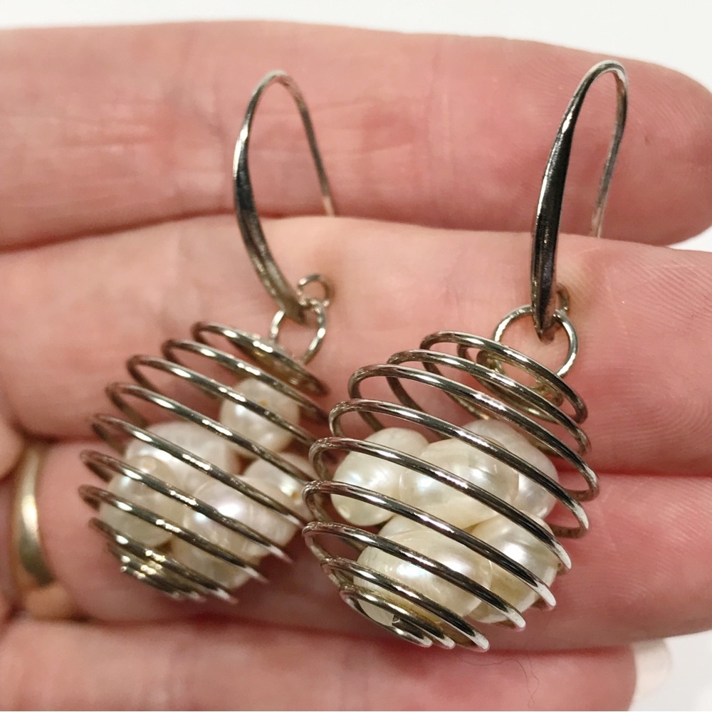 Vintage Sterling Silver 925 Wire Cage 6 Baroque Pearl Egg Basket Drop Earrings - Picture 8 of 16